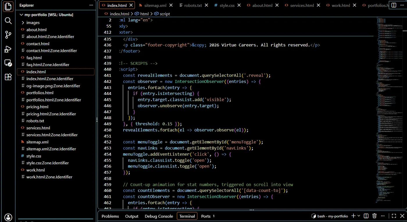 Virtue Careers source code in VS Code